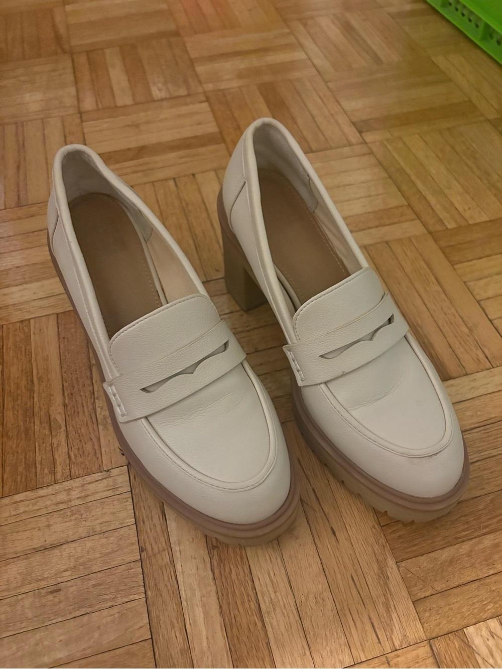 Cream Block/Lug-Heel Penny Loafers
